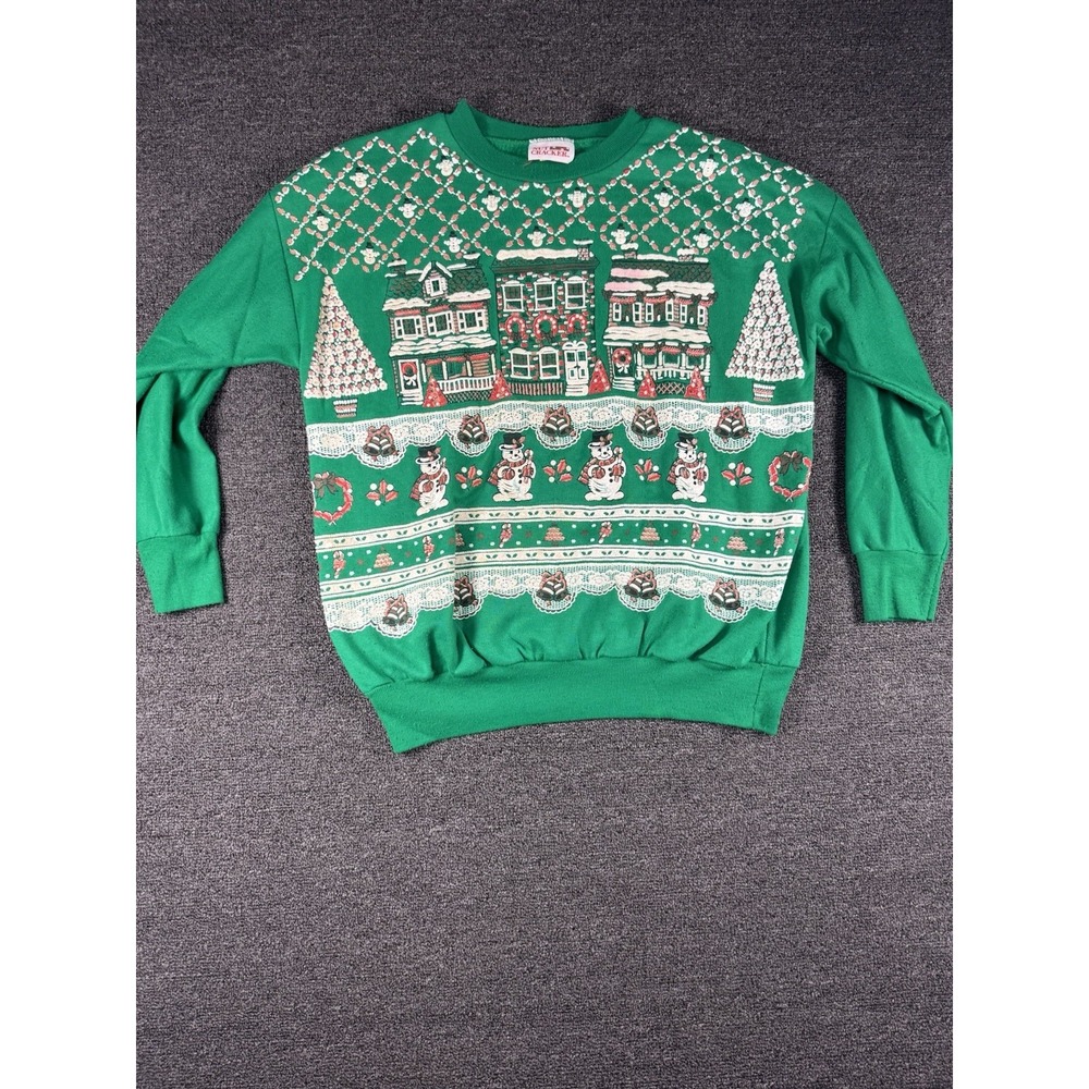 Vintage 90s Christmas Sweatshirt Large Green Snowman Puff Print Glitter